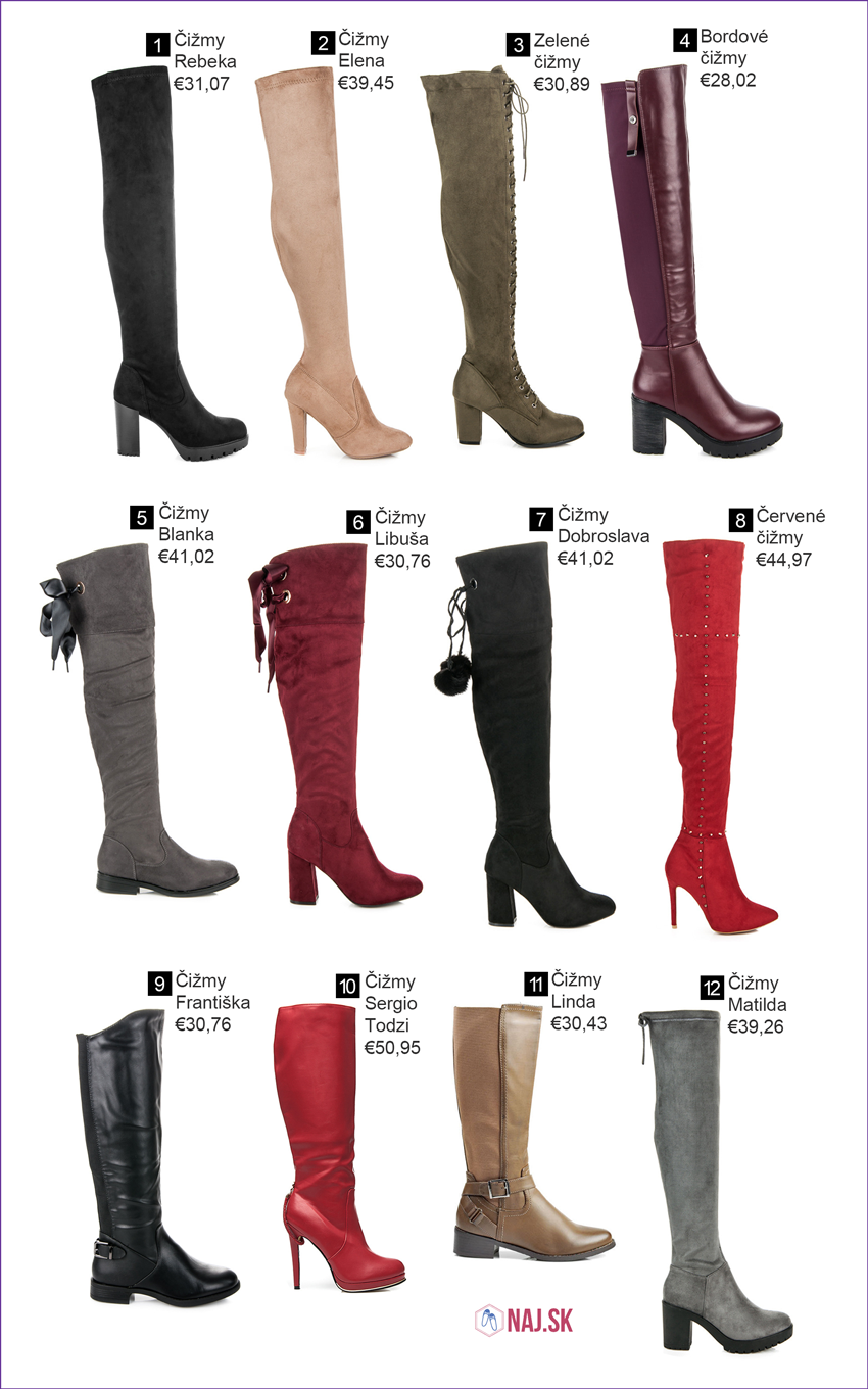 Čižmy červené, čižmy nad koleno, čižmy na hrubom opätku